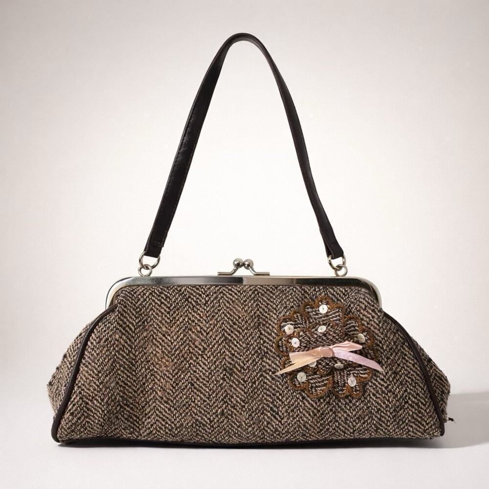 Vintage 80s Unbranded Evening Bag Clutch Tweed Wool Blend Silver Tone Closure